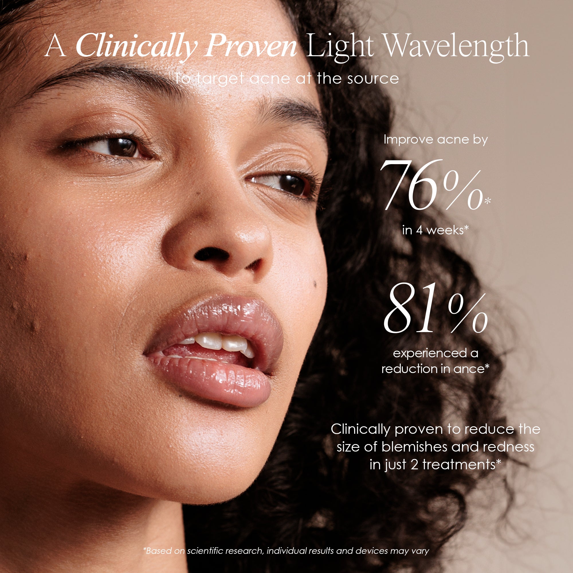 Blue LED+ anti-acne wand showing clinical research statistics of blue light therapy